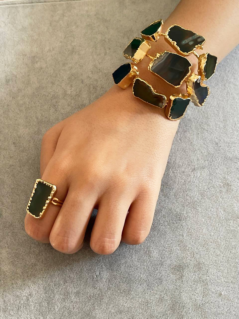 Handmade Gold-Plated Chunky Raw Agate Cuff Bracelet and Ring Set | Bohemian Bold Statement Gemstone Jewelry | Natural Stone Bracelet & Ring, Handmade In Turkey - Glam Duchess