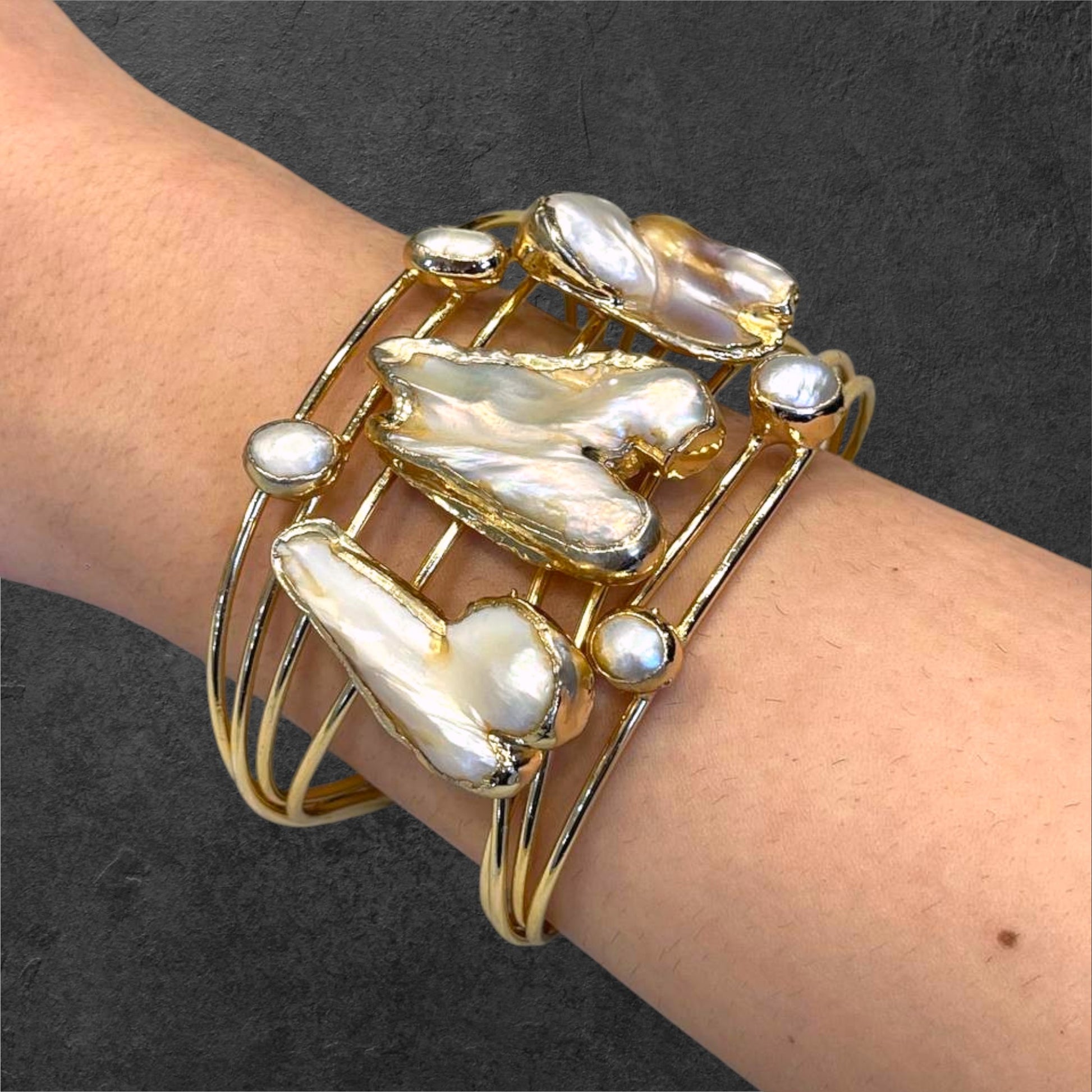 Handmade Gold-Plated Chunky Mother of Pearl Cuff Bracelet and Ring Set | Bohemian Bold Statement Gemstone Jewelry | Natural Stone Bracelet & Ring, Handmade In Turkey - Glam Duchess