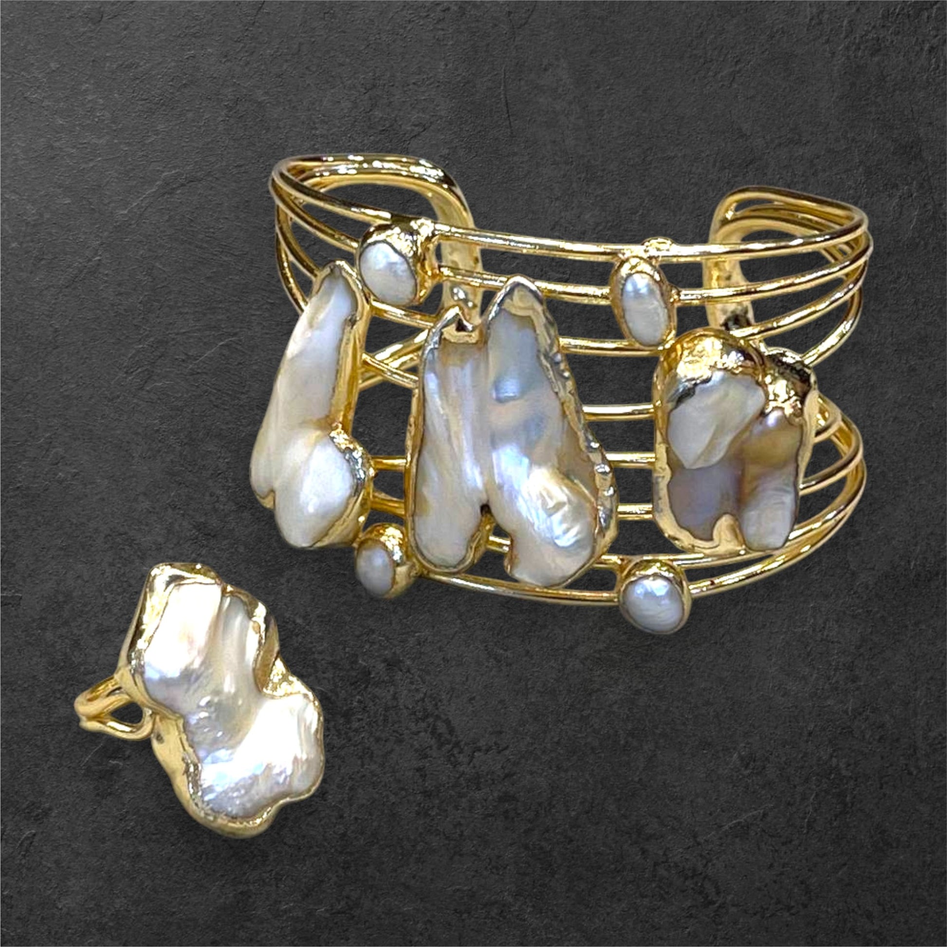 Handmade Gold-Plated Chunky Mother of Pearl Cuff Bracelet and Ring Set | Bohemian Bold Statement Gemstone Jewelry | Natural Stone Bracelet & Ring, Handmade In Turkey - Glam Duchess