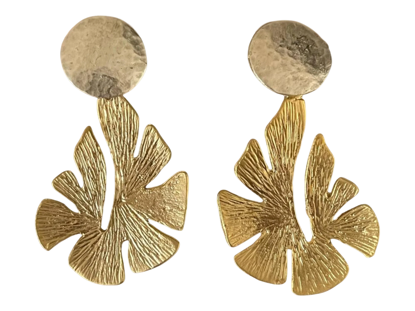 Chunky Leaf Earrings - Handmade Two Tone Gold Plated Dangle Jewelry by Glam Duchess (handmade-18k-gold-plated-chunky-leaf-two-tone-statement-earrings-textured-dangle-jewelry-chic-boho-earrings-jewelry-crafted-in-turkey)
