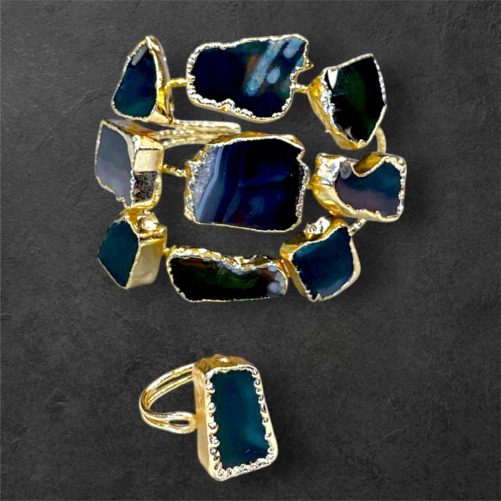 Handmade Gold-Plated Chunky Raw Agate Cuff Bracelet and Ring Set | Bohemian Bold Statement Gemstone Jewelry | Natural Stone Bracelet & Ring, Handmade In Turkey - Glam Duchess