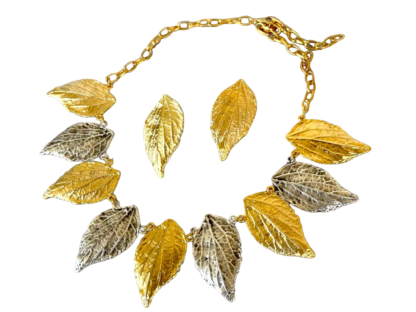 Gold Plated Leaf Necklace - Handmade Bohemian Jewelry Set with Leaf Design Earrings by Glam Duchess (handmade-gold-plated-leaf-necklace-earrings-set-gold-statement-modern-chunky-bohemian-jewelry-set-personalized-birthday-gift-for-her)