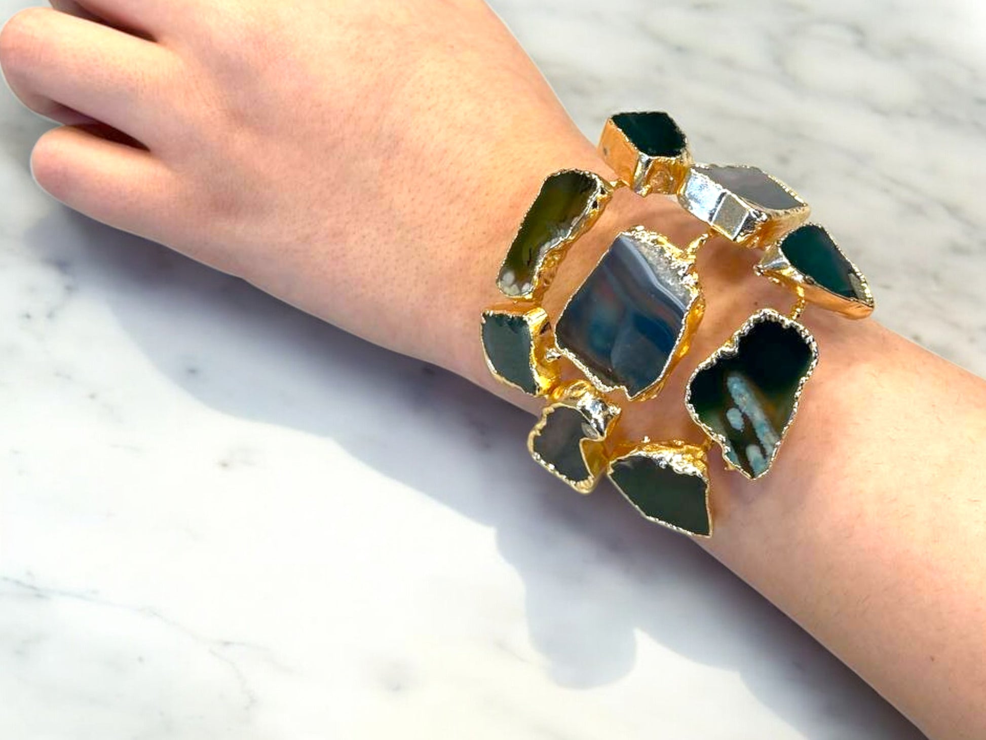 Handmade Gold Plated Cuff Bracelet and Ring Set with Green Natural Agate Stones, Adjustable Statement Bracelet, Special Occasion Jewelry, Handmade In Turkey - Glam Duchess