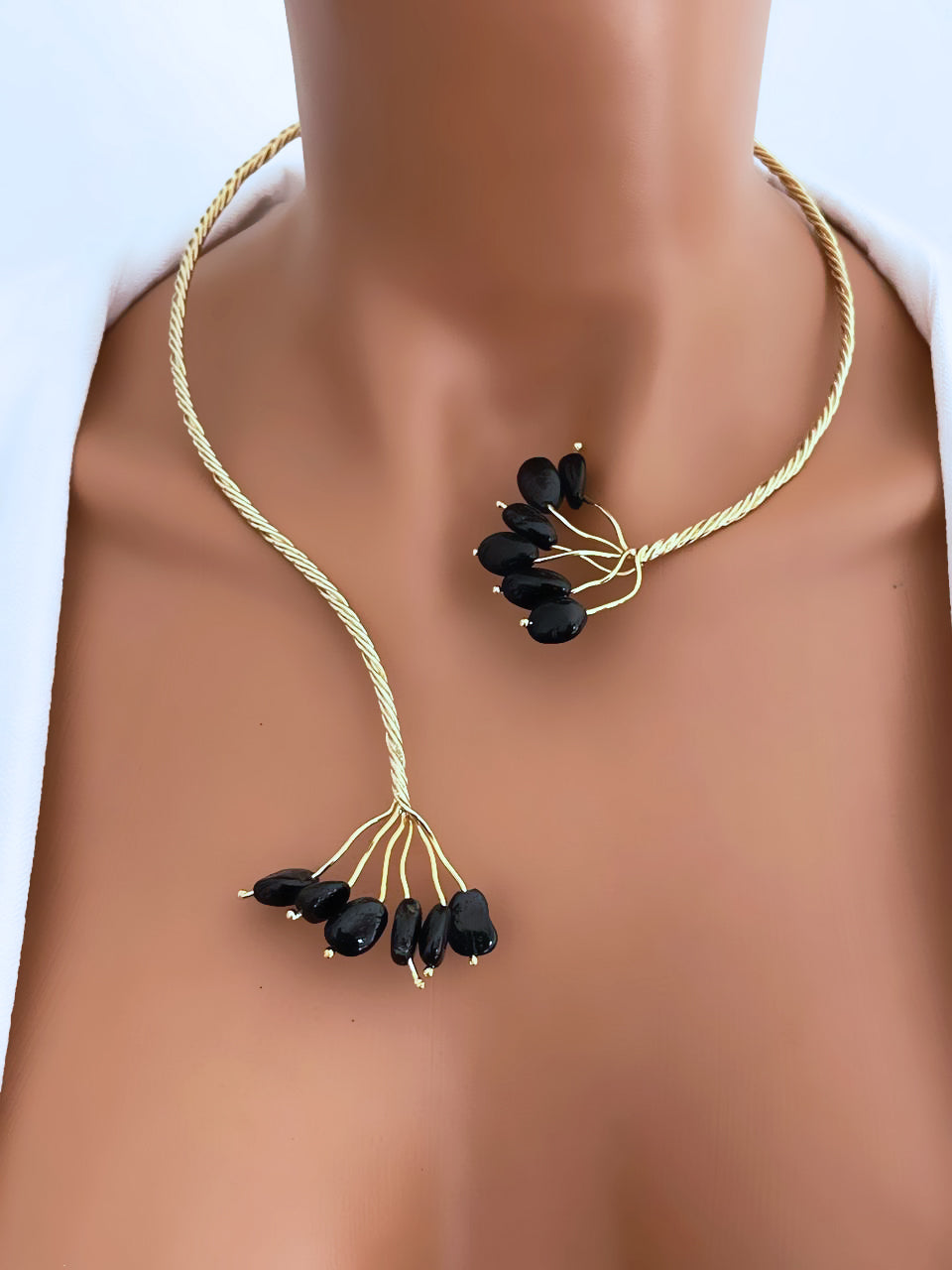 Gold Twist with Gemstone Branches Open Collar Necklace Earrings Set, Handmade In Turkey - Glam Duchess