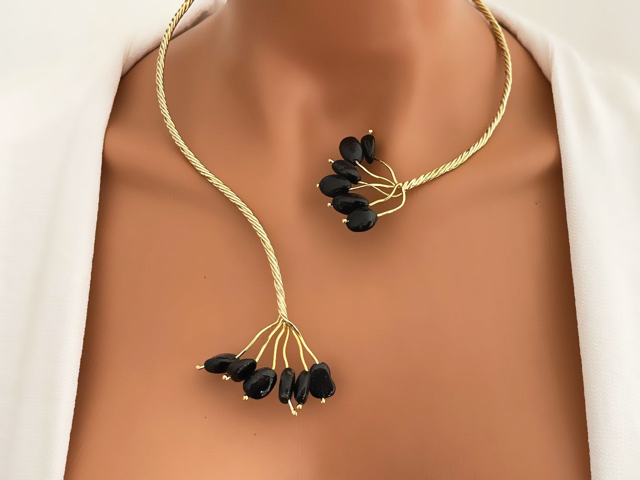 Gold Twist with Gemstone Branches Open Collar Necklace Earrings Set, Handmade In Turkey - Glam Duchess