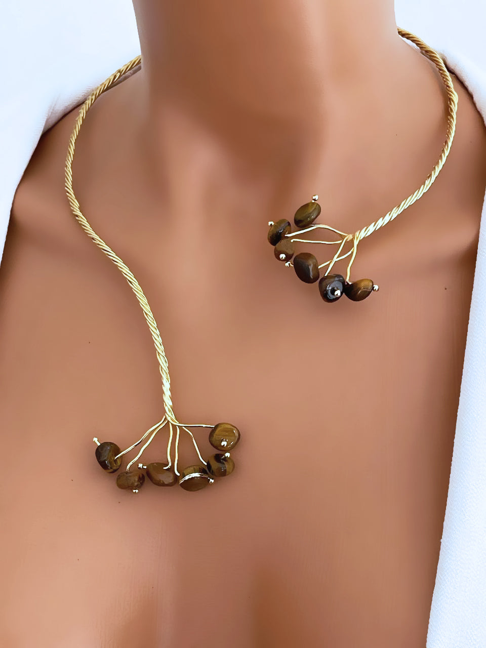 Gold Twist with Gemstone Branches Open Collar Necklace Earrings Set, Handmade In Turkey - Glam Duchess