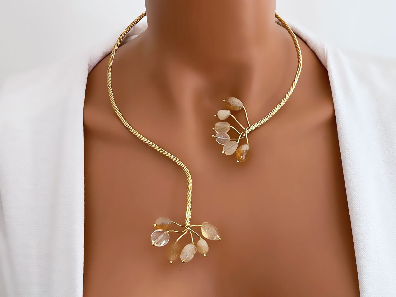 Gold Twist with Gemstone Branches Open Collar Necklace Earrings Set, Handmade In Turkey - Glam Duchess