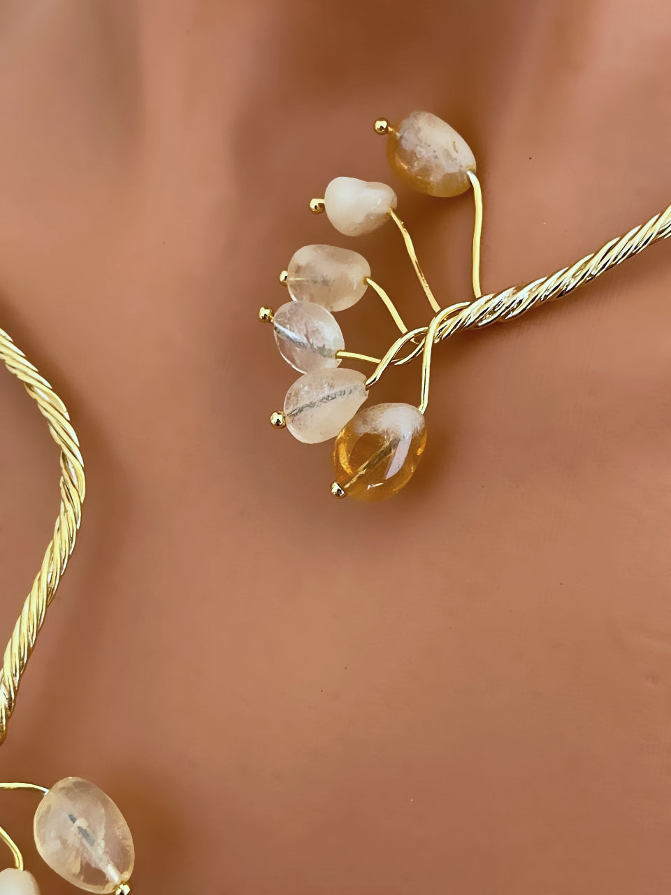 Gold Twist with Gemstone Branches Open Collar Necklace Earrings Set, Handmade In Turkey - Glam Duchess