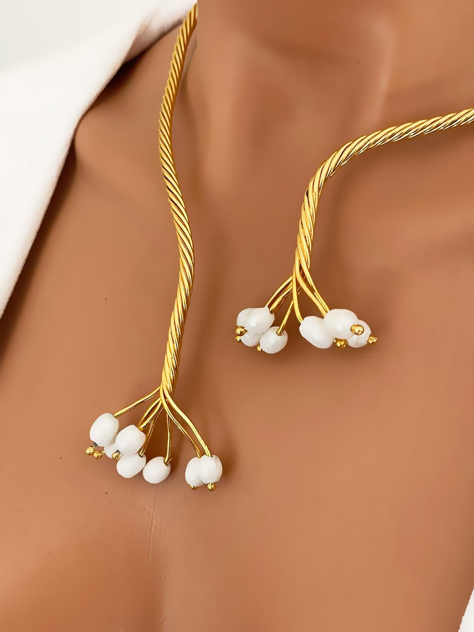 Gold Twist with Gemstone Branches Open Collar Necklace Earrings Set, Handmade In Turkey - Glam Duchess