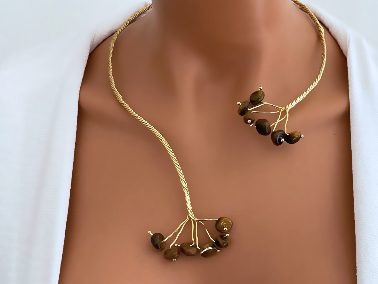 Gold Twist with Gemstone Branches Open Collar Necklace Earrings Set, Handmade In Turkey - Glam Duchess