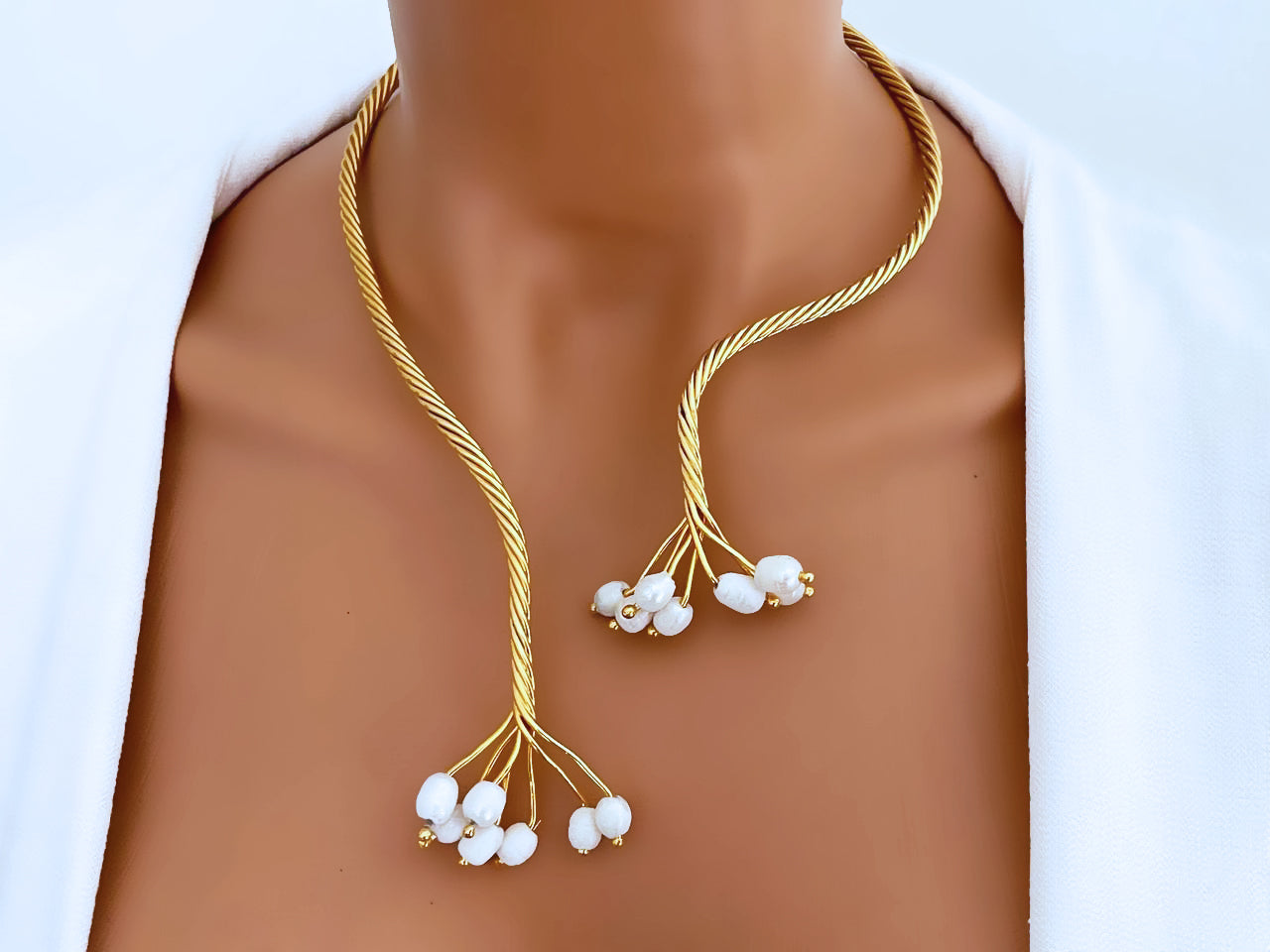 Gold Twist with Gemstone Branches Open Collar Necklace Earrings Set, Handmade In Turkey - Glam Duchess