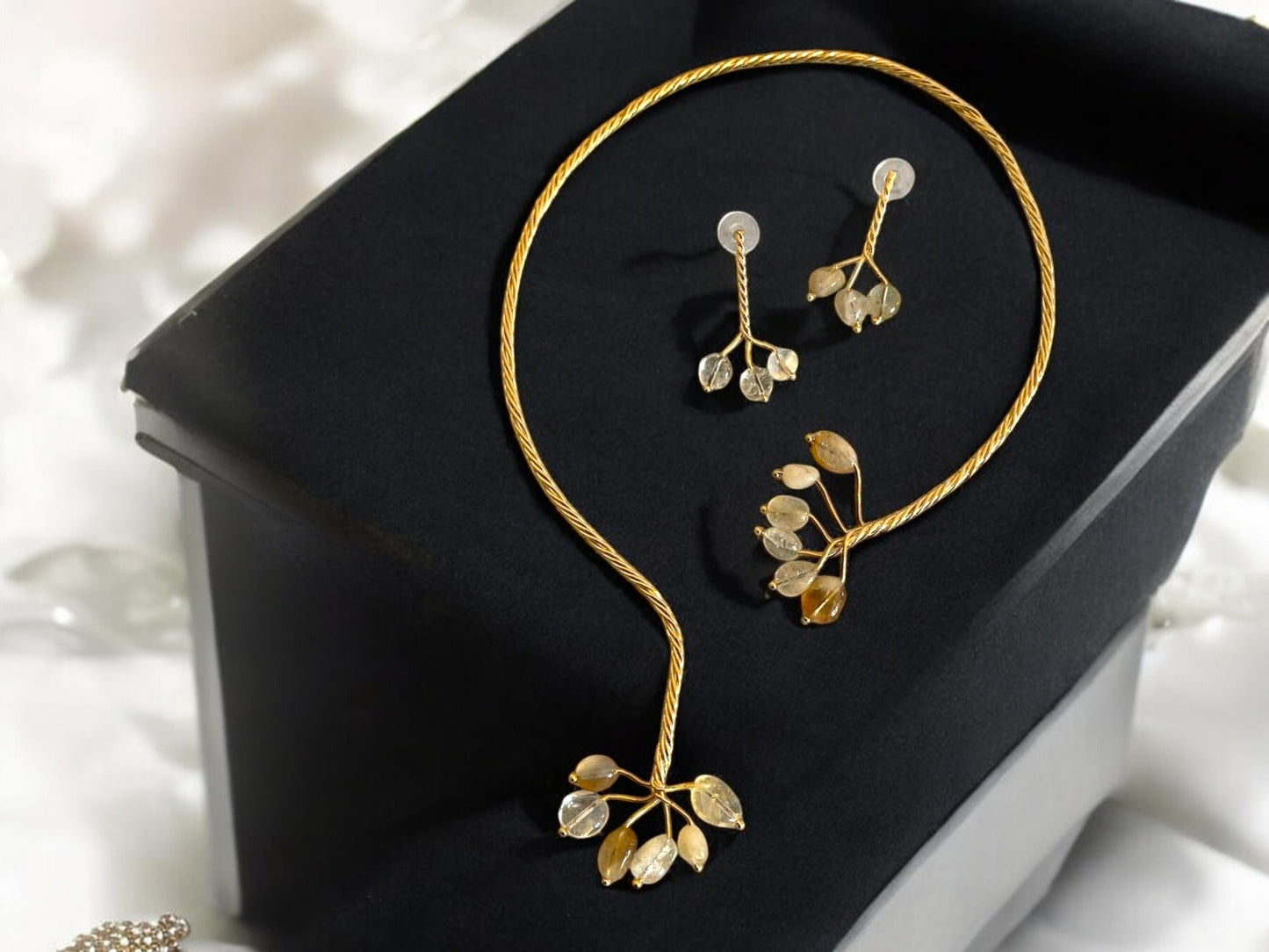 Gold Twist with Gemstone Branches Open Collar Necklace Earrings Set, Handmade In Turkey - Glam Duchess