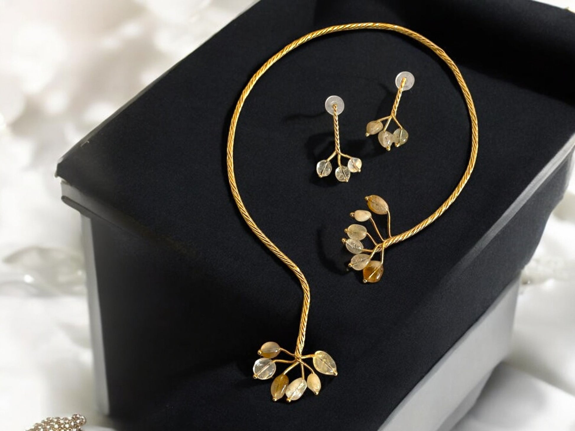 Gold Twist with Gemstone Branches Open Collar Necklace Earrings Set, Handmade In Turkey - Glam Duchess