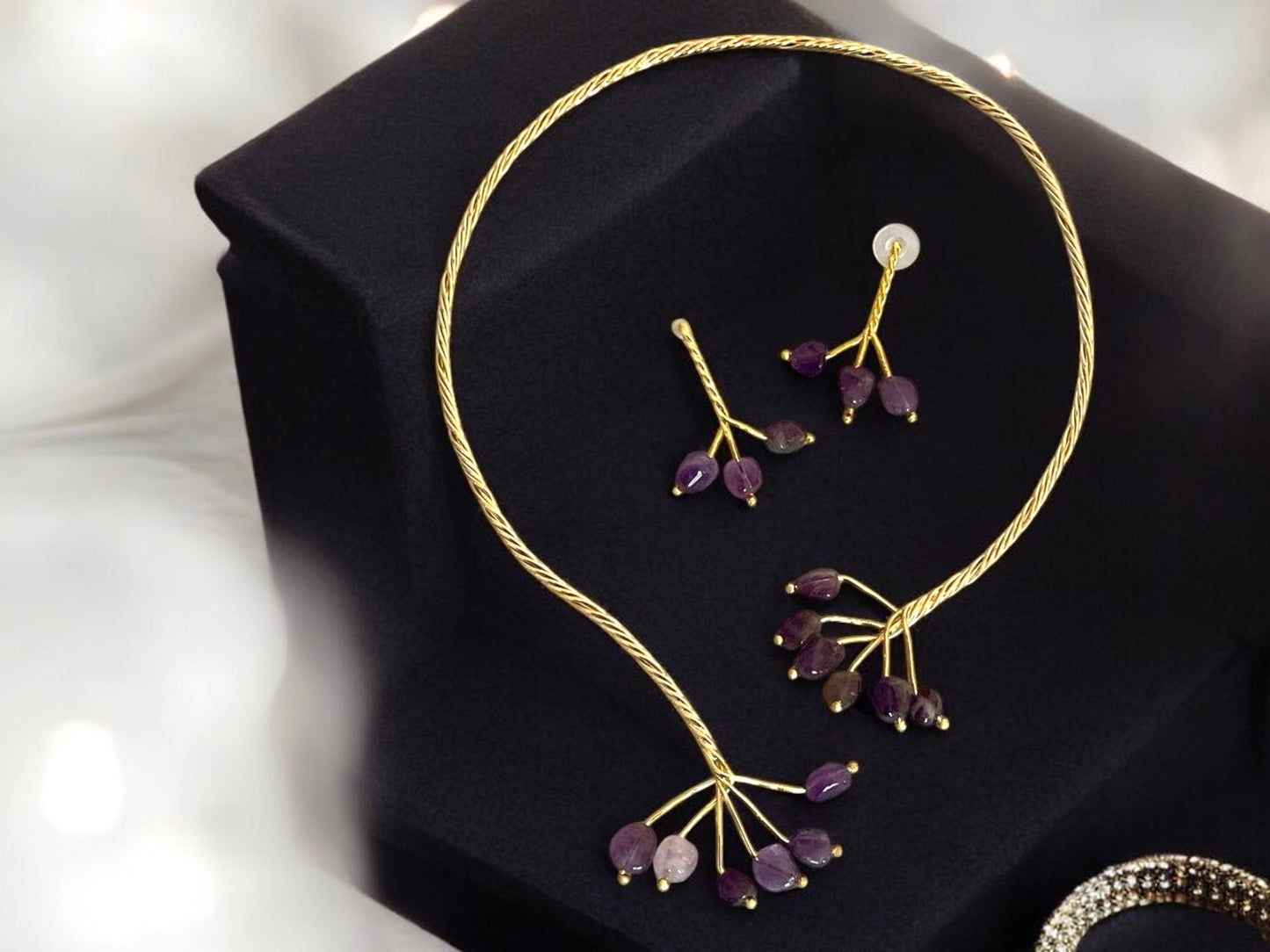 Gold Twist with Gemstone Branches Open Collar Necklace Earrings Set, Handmade In Turkey - Glam Duchess