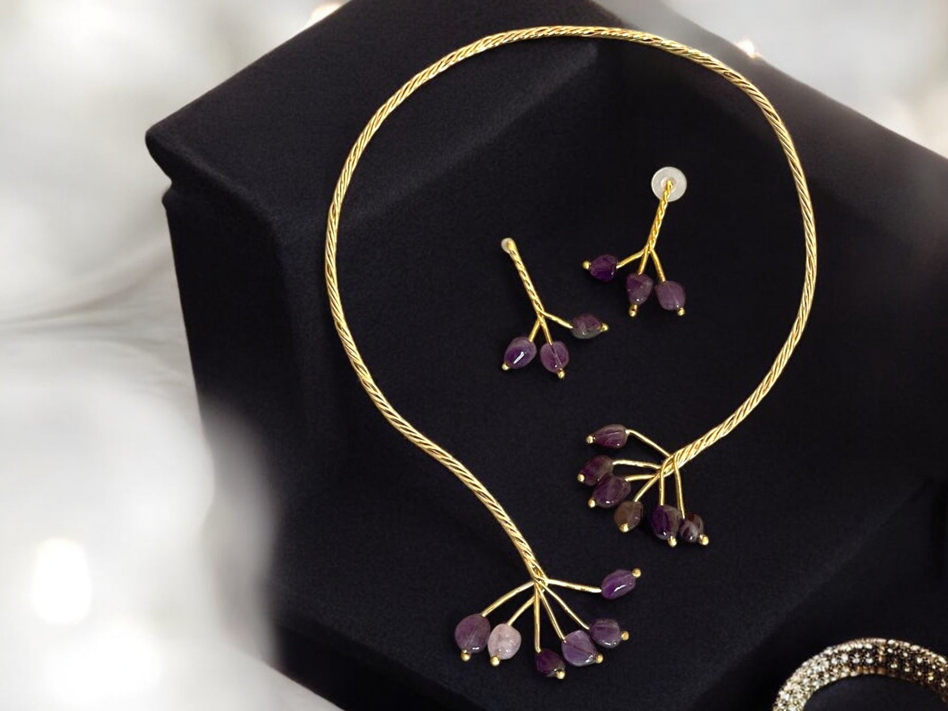 Gold Twist with Gemstone Branches Open Collar Necklace Earrings Set, Handmade In Turkey - Glam Duchess