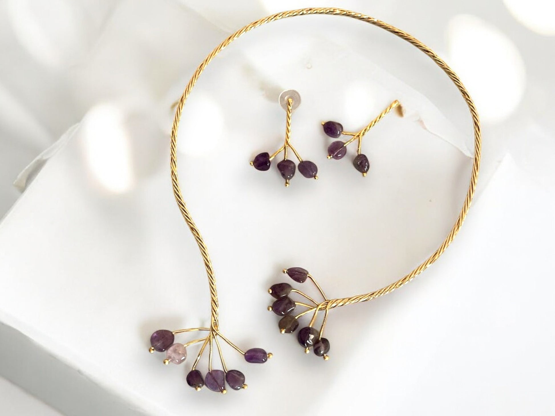 Gold Twist with Gemstone Branches Open Collar Necklace Earrings Set, Handmade In Turkey - Glam Duchess