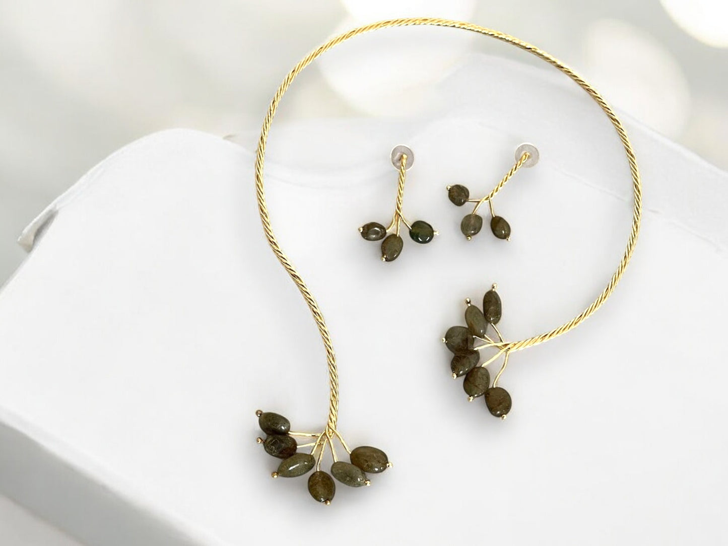 Gold Twist with Gemstone Branches Open Collar Necklace Earrings Set, Handmade In Turkey - Glam Duchess