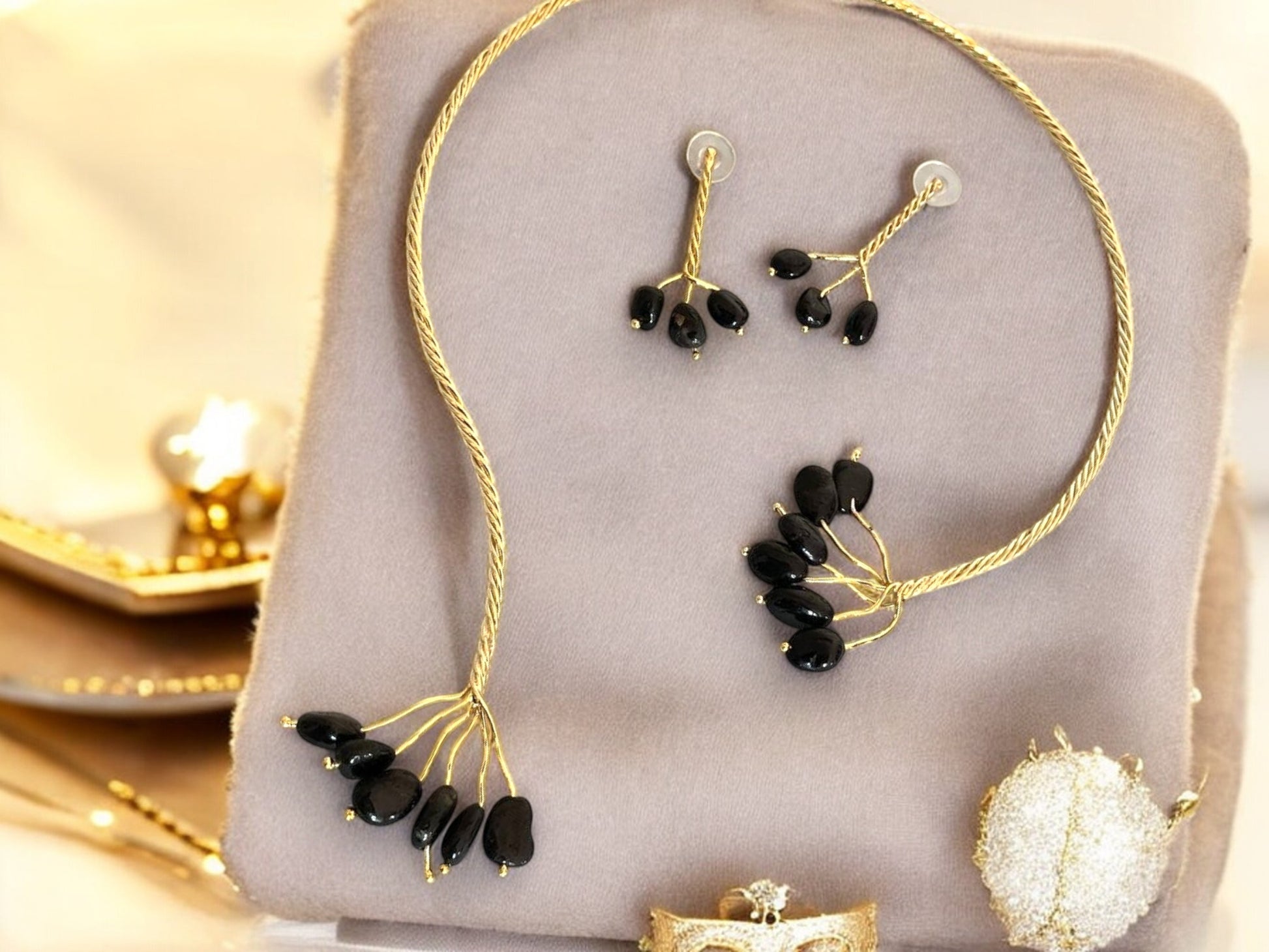 Gold Twist with Gemstone Branches Open Collar Necklace Earrings Set, Handmade In Turkey - Glam Duchess