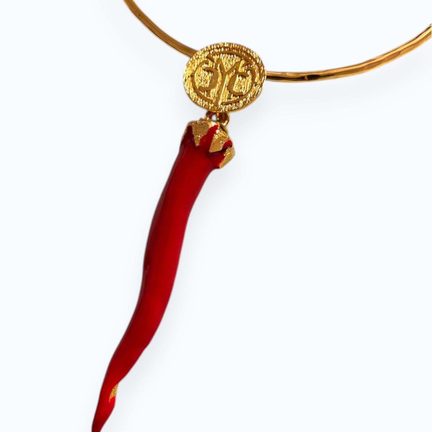 24K Gold Plated Open Choker Necklace with Red Italian Horn Pendant – Mediterranean Style Torc Choker – Good Luck Cornicello Jewelry for Women