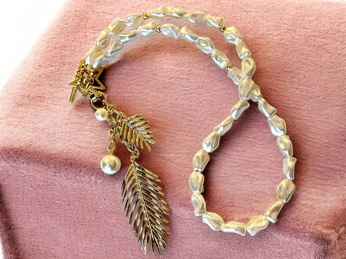 Gold Plated Pearl Necklace – Handmade Baroque Pearl Jewelry with Star & Leaf Charms by Glam Duchess (handmade-gold-plated-leaf-feather-long-pearl-necklace-baroque-pearl-pendant-necklace-with-star-and-leaf-charms)