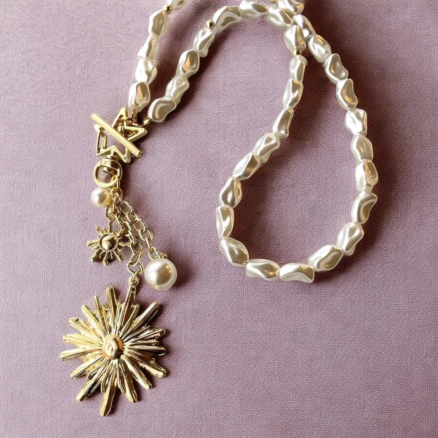 Gold Plated Pearl Necklace – Handmade Baroque Pendant with Star Leaf Charms, Adjustable Length by Glam Duchess (handmade-gold-plated-leaf-feather-long-pearl-necklace-baroque-pearl-pendant-necklace-with-star-and-leaf-charms-copy)