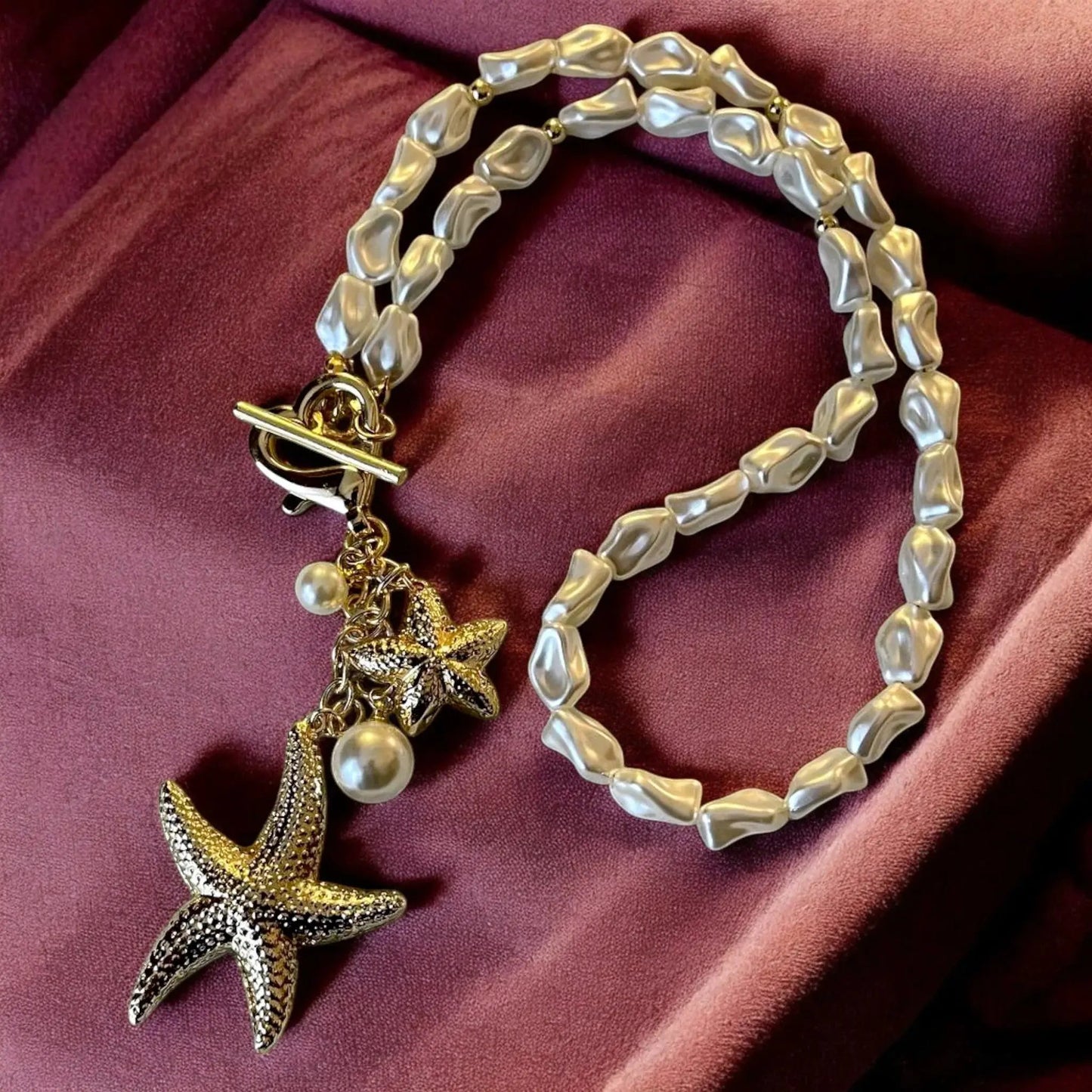 Gold Plated Pearl Necklace - Handmade Baroque Pendant with Star & Leaf Charms by Glam Duchess (handmade-gold-plated-long-pearl-necklace-baroque-pearl-pendant-necklace-with-star-and-leaf-charms-copy)