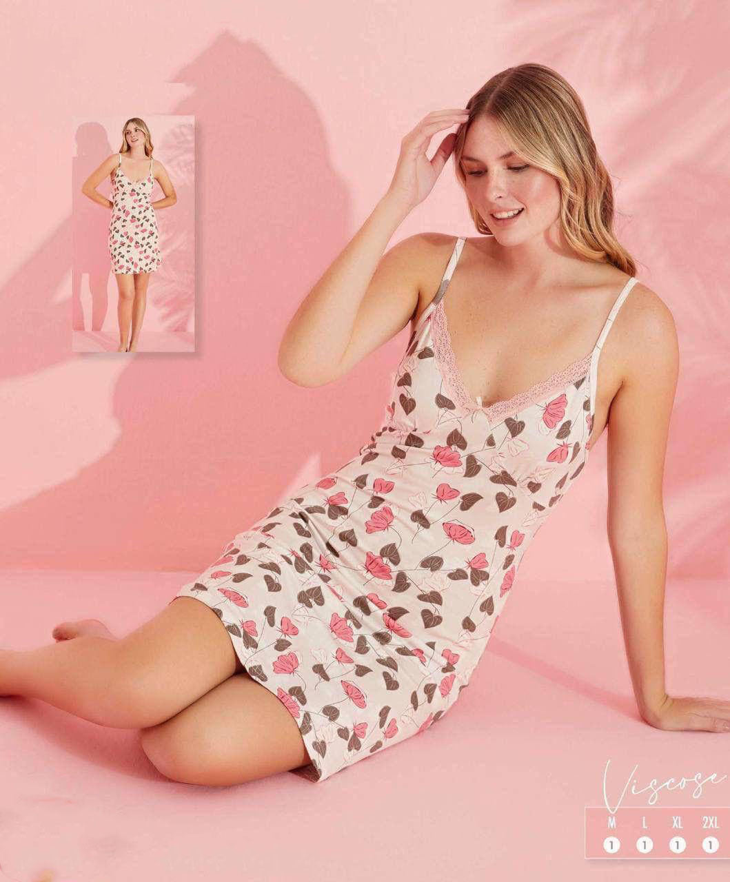 Super Soft Viscose Floral Lace-Trim Nightdress, made in Turkey