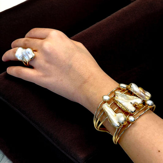 Handmade Gold-Plated Chunky Mother of Pearl Cuff Bracelet and Ring Set | Bohemian Bold Statement Gemstone Jewelry | Natural Stone Bracelet & Ring, Handmade In Turkey - Glam Duchess
