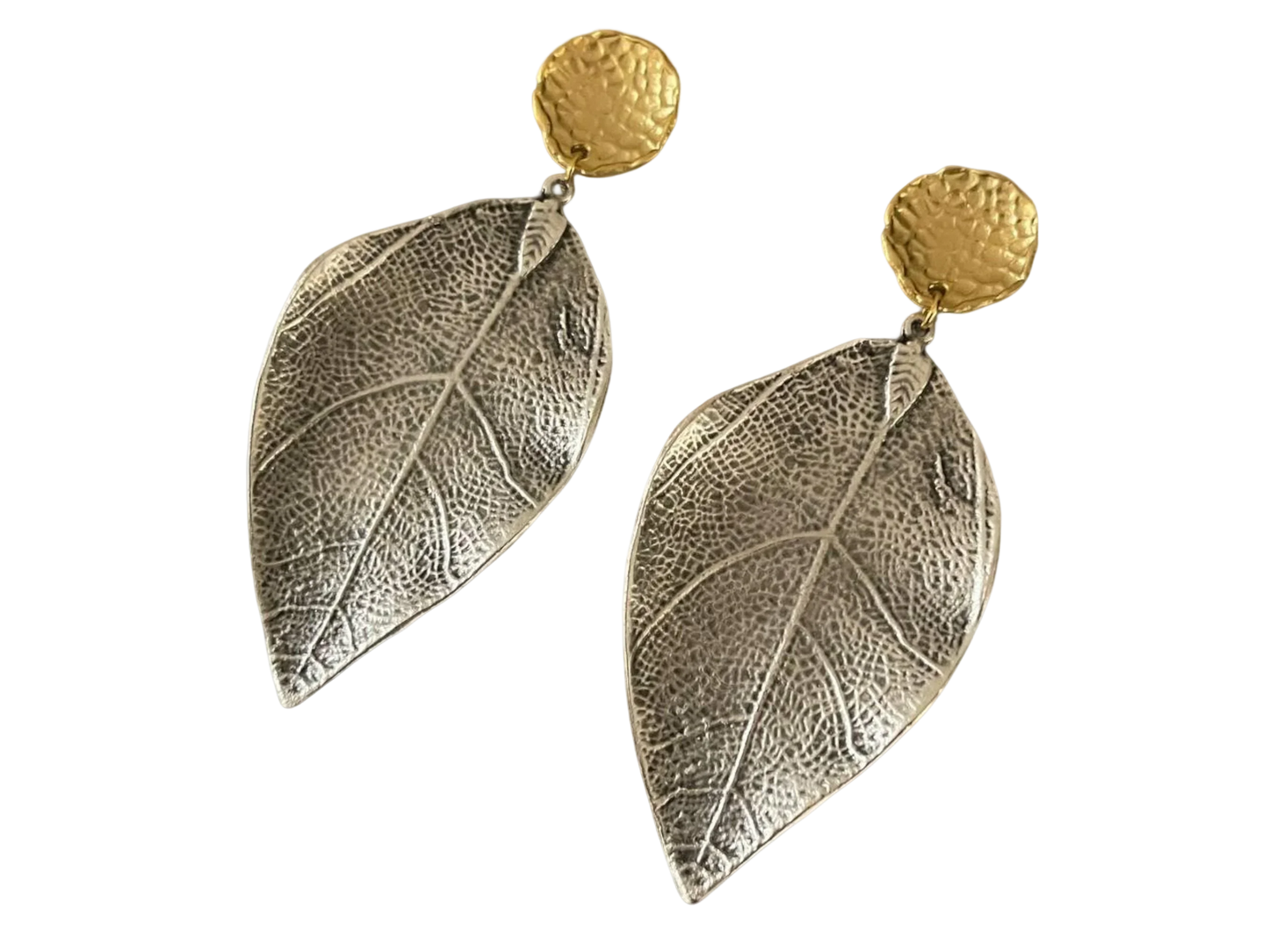 Two-Tone Dangle Earrings – Gold Plated Chunky Statement Jewelry With Silver Floral Stud by Glam Duchess (handmade-gold-plated-gold-and-silver-textured-dangle-earrings-ooak-chunky-two-tone-statement-earrings-unique-drop-jewelry-made-in-turkey)