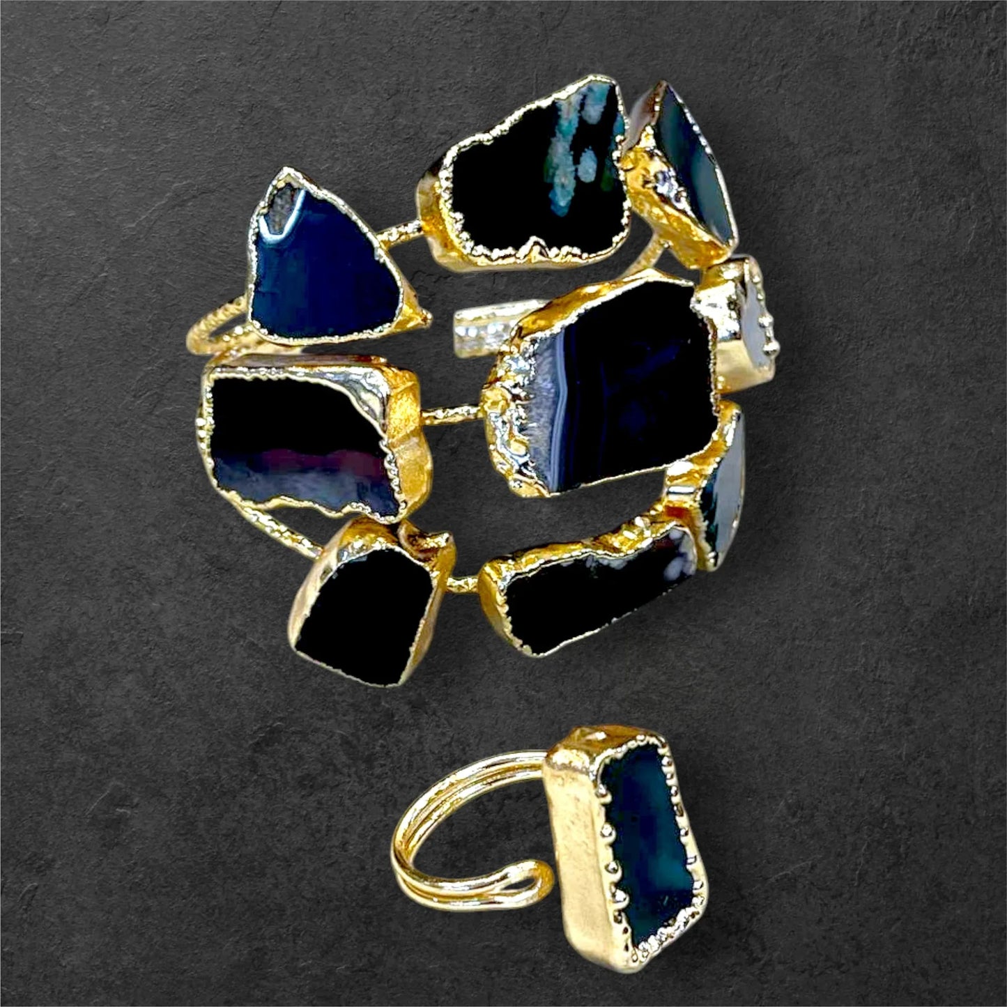 Handmade Gold-Plated Chunky Raw Agate Cuff Bracelet and Ring Set | Bohemian Bold Statement Gemstone Jewelry | Natural Stone Bracelet & Ring, Handmade In Turkey - Glam Duchess