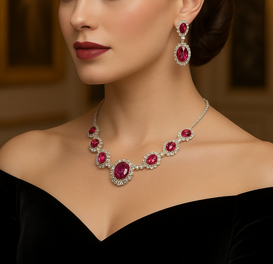 Hot Pink Fuchsia Rhinestone Necklace and Earring Set - Glam Duchess