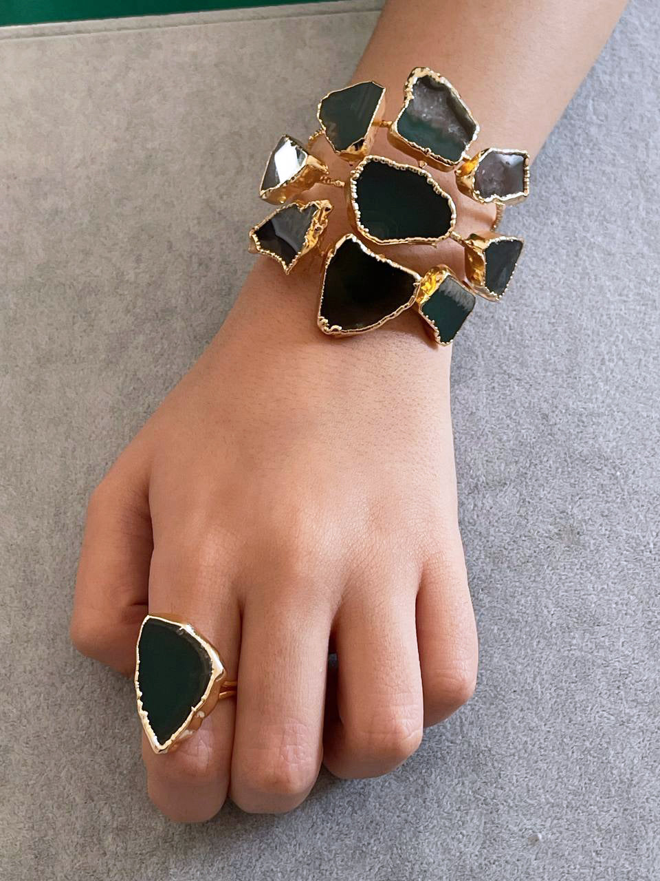 Handmade Gold Plated Cuff Bracelet and Ring Set with Green Natural Agate Stones, Adjustable Statement Bracelet, Special Occasion Jewelry, Handmade In Turkey - Glam Duchess