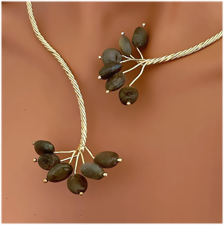 Gold Twist with Gemstone Branches Open Collar Necklace Earrings Set, Handmade In Turkey - Glam Duchess