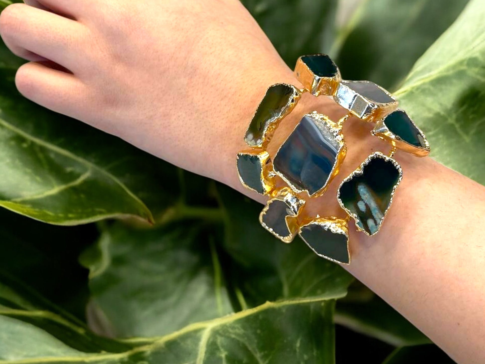 Handmade Gold Plated Cuff Bracelet and Ring Set with Green Natural Agate Stones, Adjustable Statement Bracelet, Special Occasion Jewelry, Handmade In Turkey - Glam Duchess
