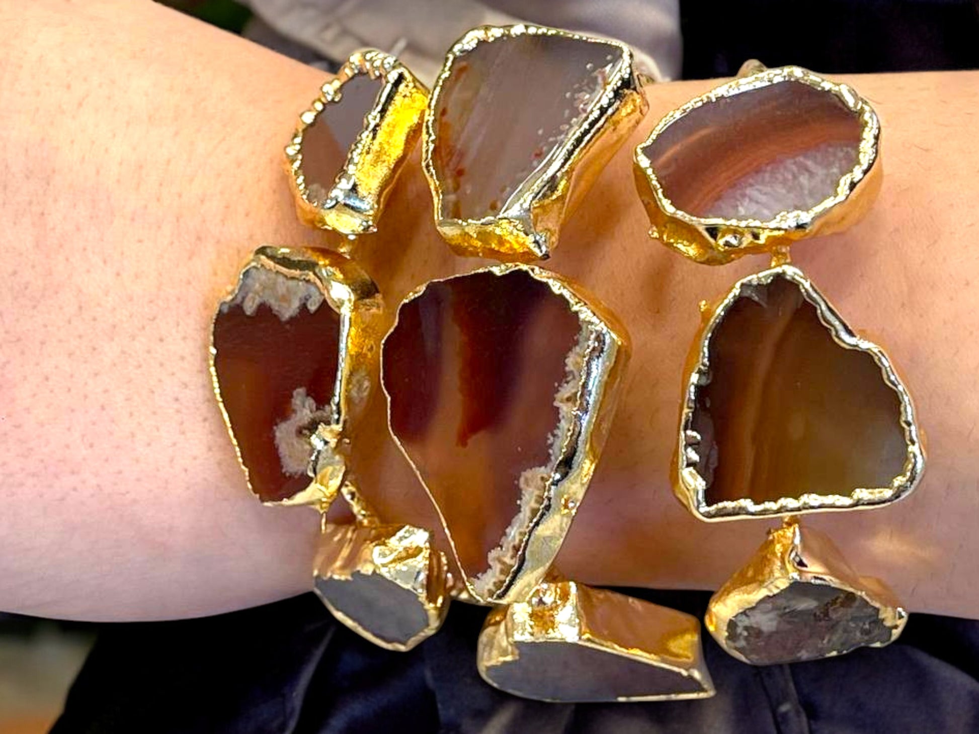 Handmade Gold-Plated Raw Agate Cuff Bracelet and Ring Set | Bohemian Bold Statement Gemstone Jewelry | Unique Natural Stone Bracelet & Ring, Handmade In Turkey - Glam Duchess