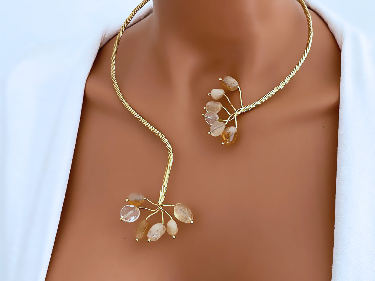 Gold Twist with Gemstone Branches Open Collar Necklace Earrings Set, Handmade In Turkey - Glam Duchess