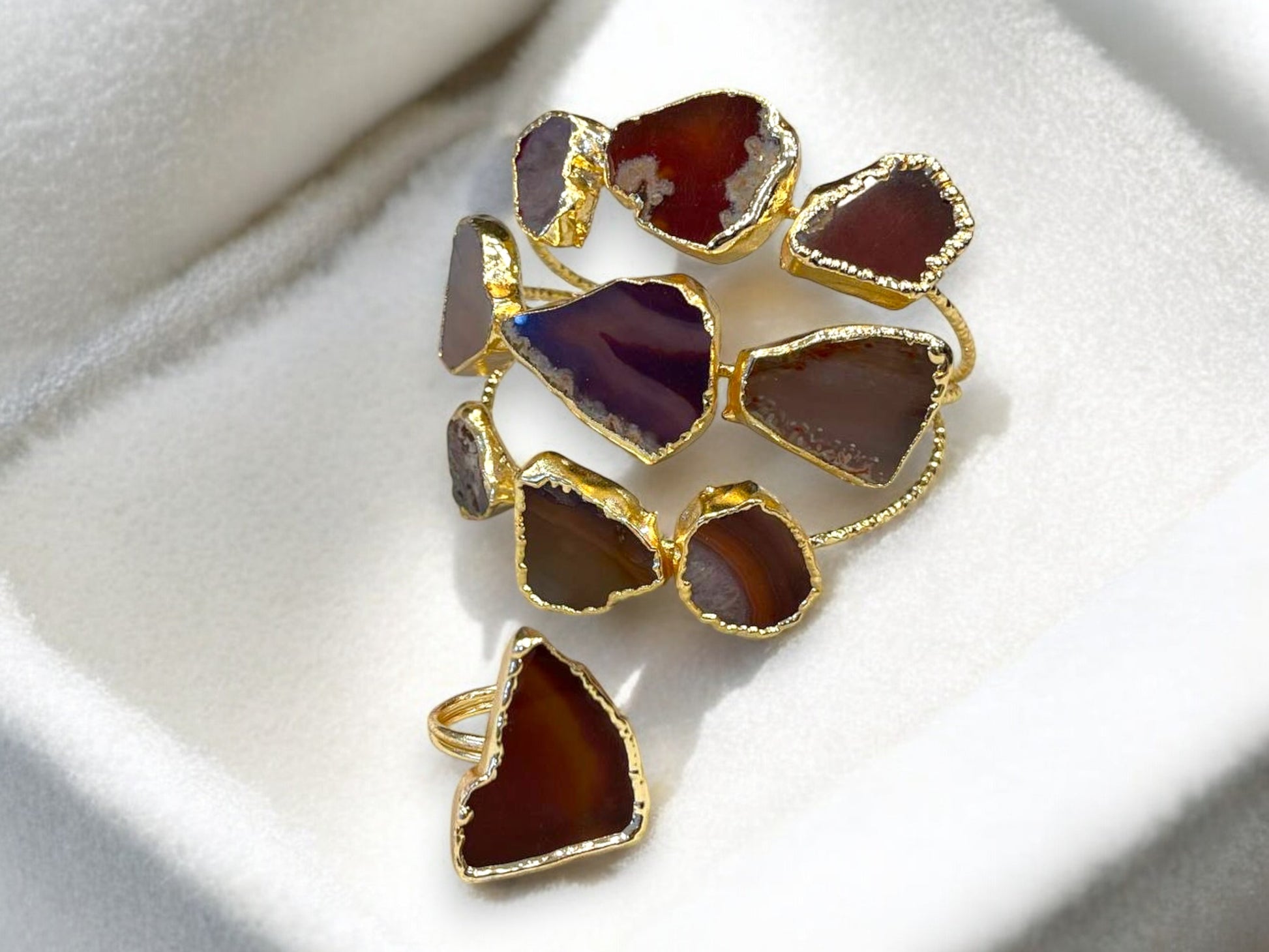 Handmade Gold-Plated Raw Agate Cuff Bracelet and Ring Set | Bohemian Bold Statement Gemstone Jewelry | Unique Natural Stone Bracelet & Ring, Handmade In Turkey - Glam Duchess