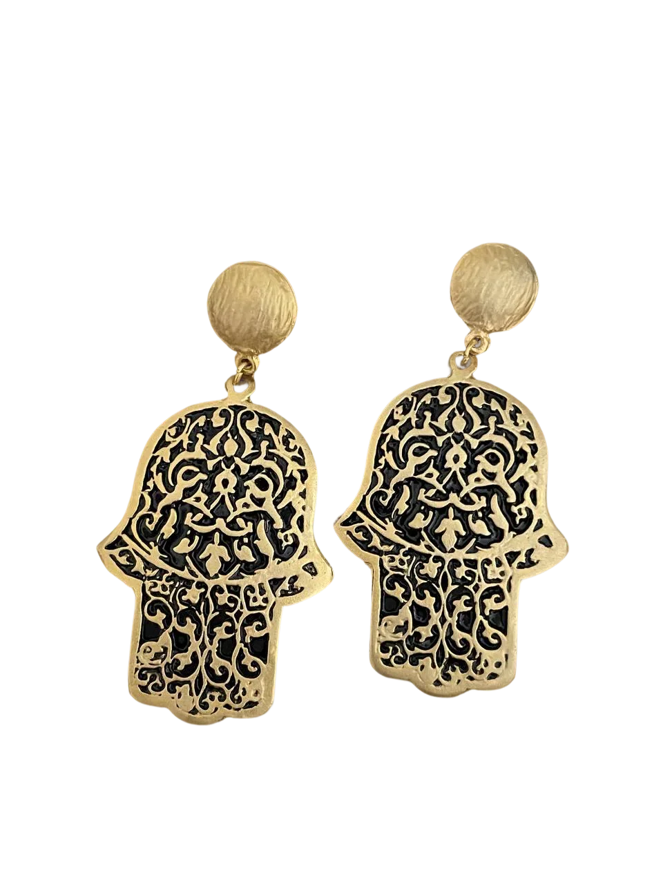 Gold-Plated Earrings - Handmade Turkish Dangle With Hamsa Hand & Greek Key Border by Glam Duchess (gold-plated-fatima-hand-turkish-dangle-earrings-hamsa-hand-drop-earrings-handmade-statement-medallion-design-earrings-made-in-turkiye)