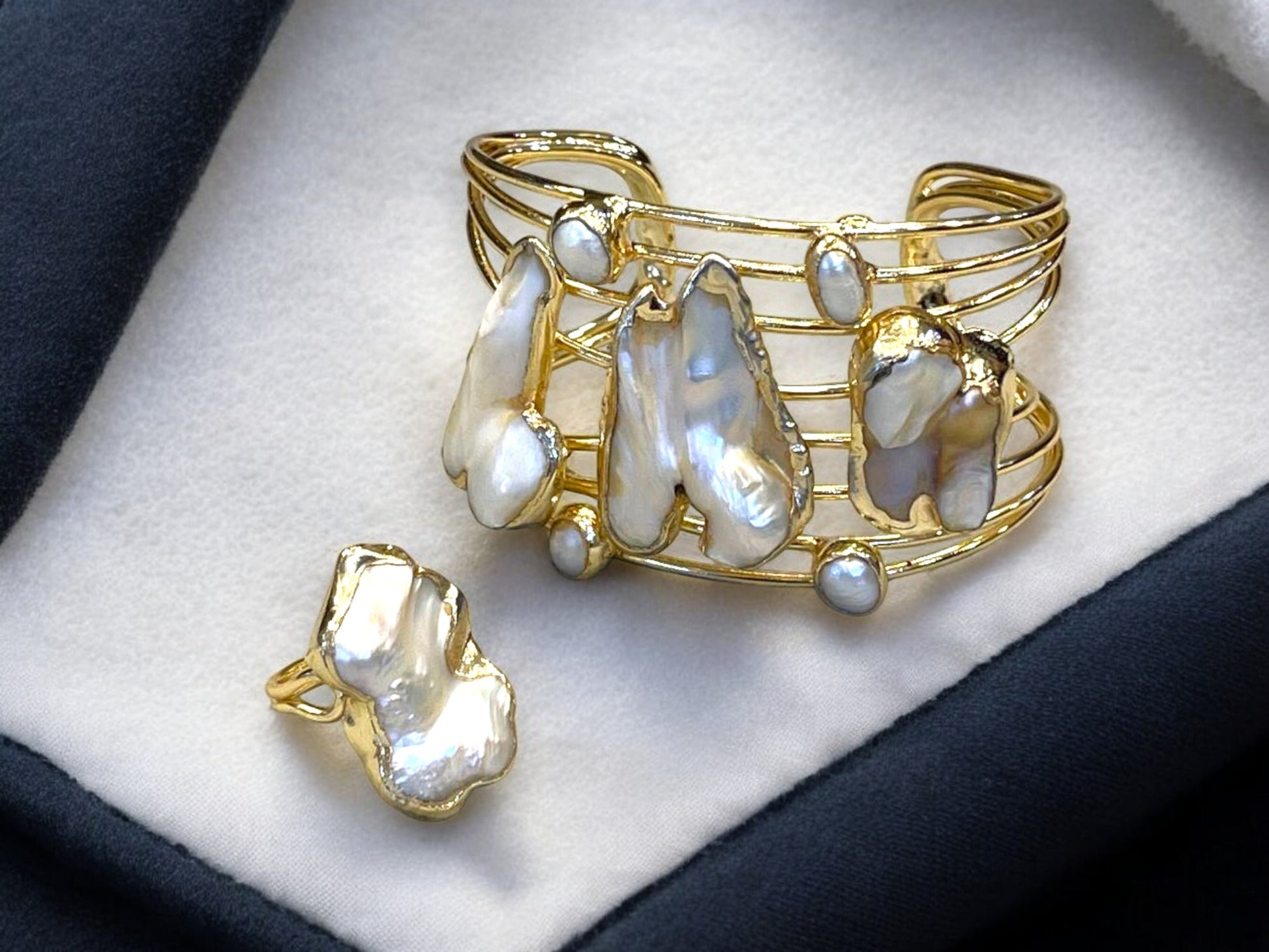 Handmade Gold-Plated Chunky Mother of Pearl Cuff Bracelet and Ring Set | Bohemian Bold Statement Gemstone Jewelry | Natural Stone Bracelet & Ring, Handmade In Turkey - Glam Duchess