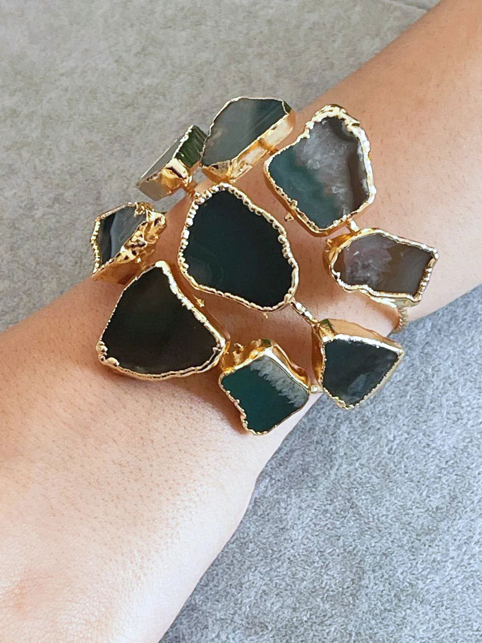 Handmade Gold Plated Cuff Bracelet and Ring Set with Green Natural Agate Stones, Adjustable Statement Bracelet, Special Occasion Jewelry, Handmade In Turkey - Glam Duchess