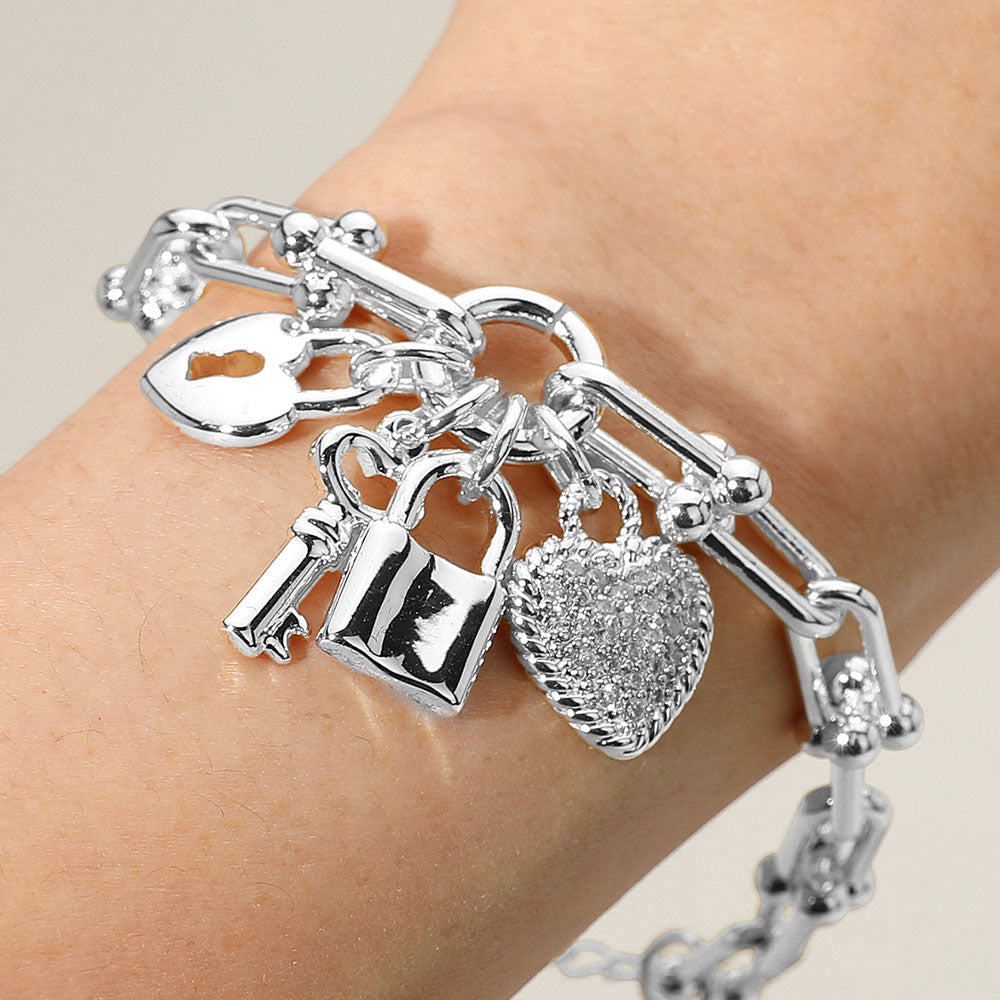 14K Gold Plated CZ Stone Paved Heart Key Lock Charm Industrial Link Chain Bracelet