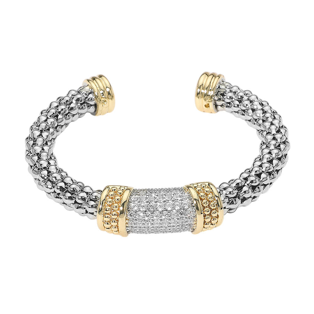 CZ Stone Paved Bar Accent Two Tone Braided Cuff Bracelet