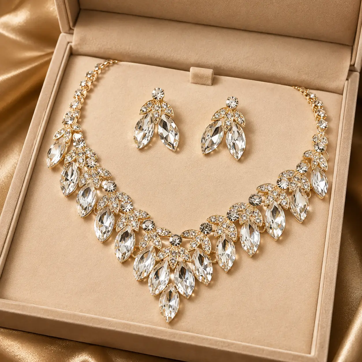 Crystal Bridal Necklace Set Teardrop Rhinestones Adjustable 18 to 21 Inches Earrings Included - Jewelry Sets from Glam Duchess