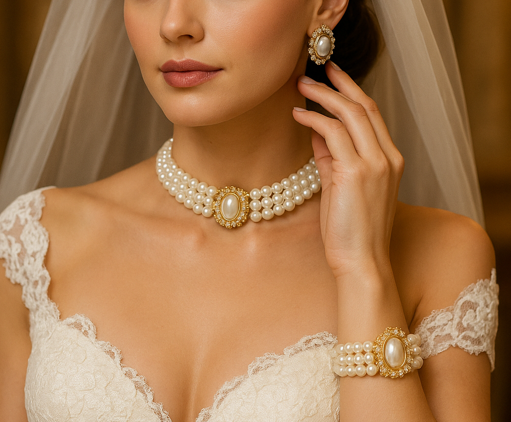 Unique Victorian Pearl choker necklace earrings Bracelet Jewelry Set, Wedding Jewelry Set - Glam Duchess