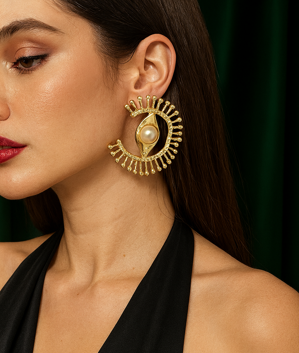 Handmade 18K Gold-Plated  Eye Statement Earrings with Pearl Center (6cm)