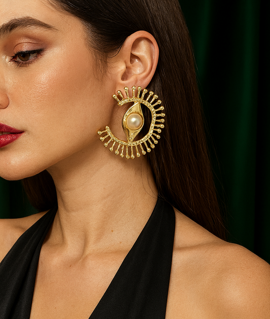 Handmade 18K Gold-Plated  Eye Statement Earrings with Pearl Center (6cm)