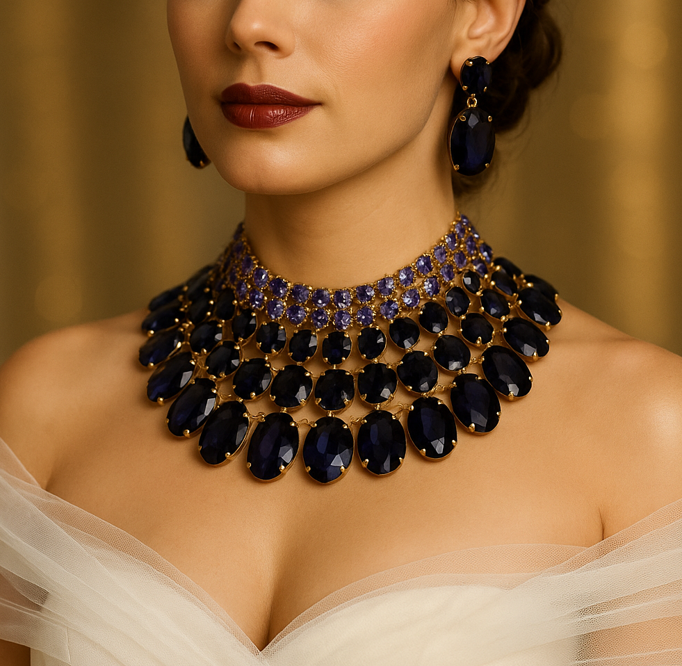 Chunky Purple Crystal Bib Necklace Statement Earrings Wedding Jewelry Set - Glam Duchess