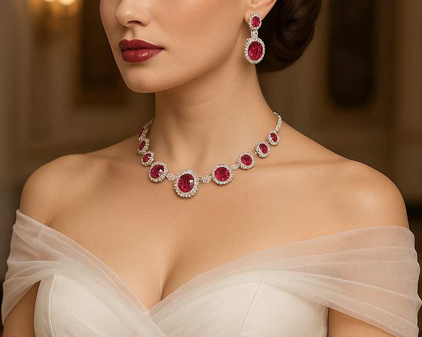 Hot Pink Fuchsia Rhinestone Necklace and Earring Set - Glam Duchess