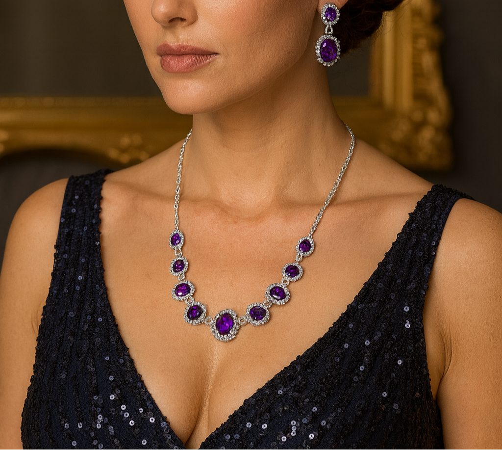 Purple Rhinestone Necklace and Earring Set - Glam Duchess