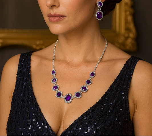 Purple Rhinestone Necklace and Earring Set - Glam Duchess